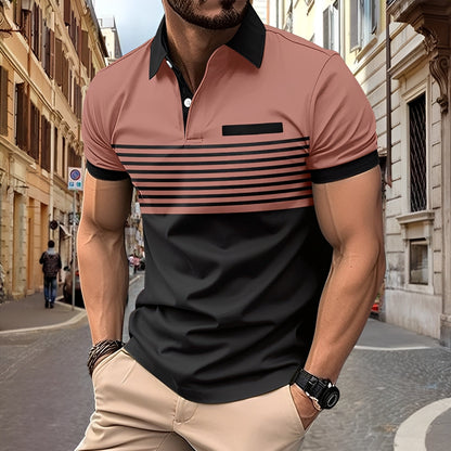 Men's Polo Shirt Short Sleeve with Striped Color Block Design and Slim Fit