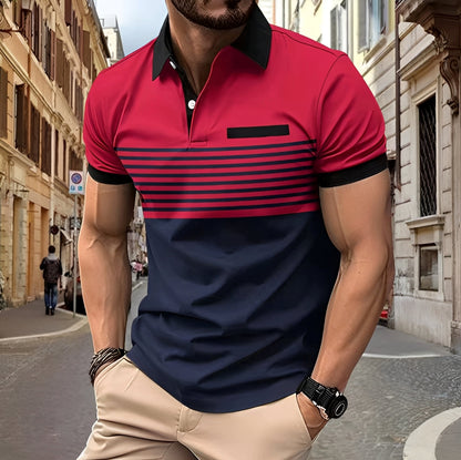 Men's Polo Shirt Short Sleeve with Striped Color Block Design and Slim Fit