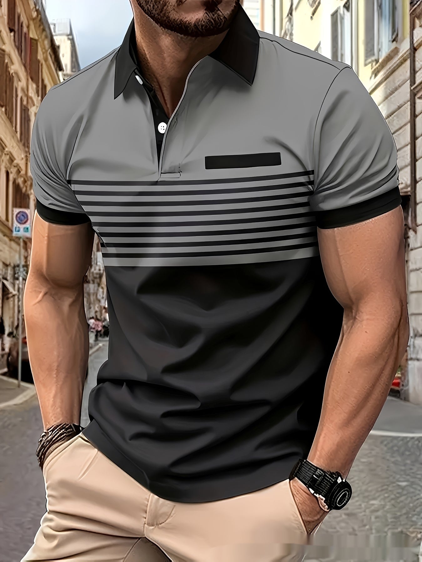 Men's Polo Shirt Short Sleeve with Striped Color Block Design and Slim Fit
