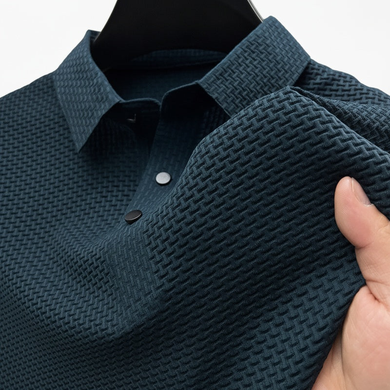 Men's Polo Shirt Short Sleeve with Textured Pattern and Button Placket