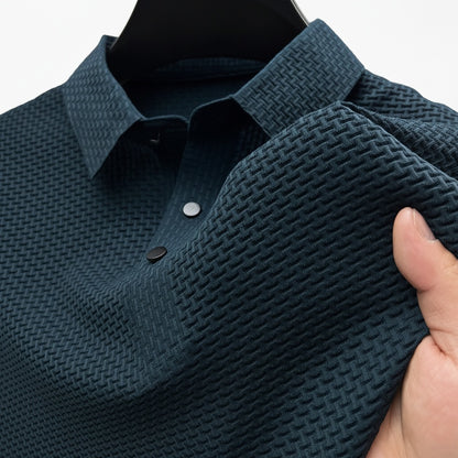 Men's Polo Shirt Short Sleeve with Textured Pattern and Button Placket