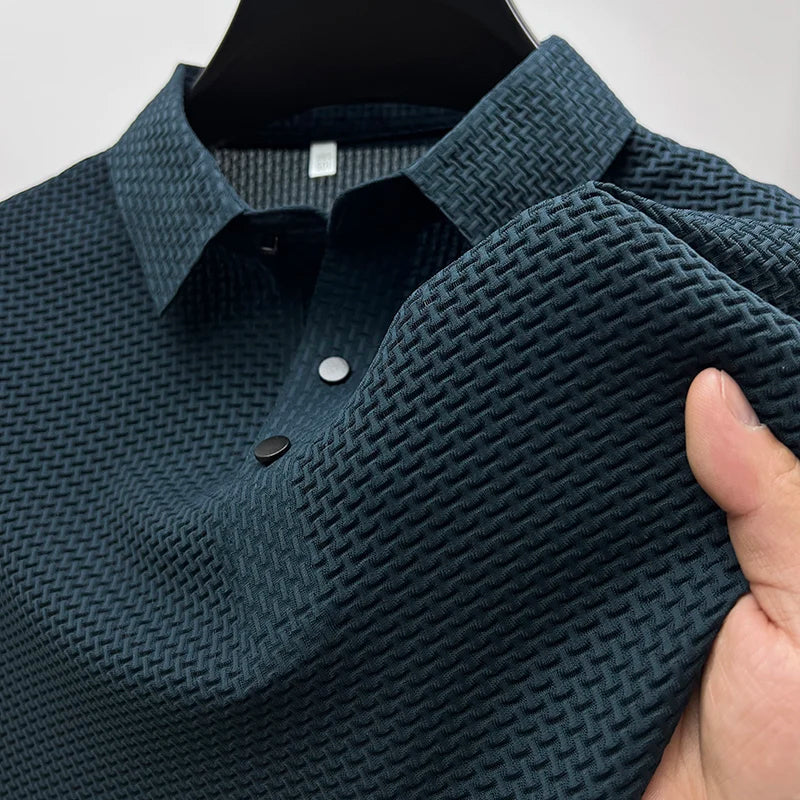 Men's Polo Shirt Short Sleeve with Textured Pattern and Button Placket