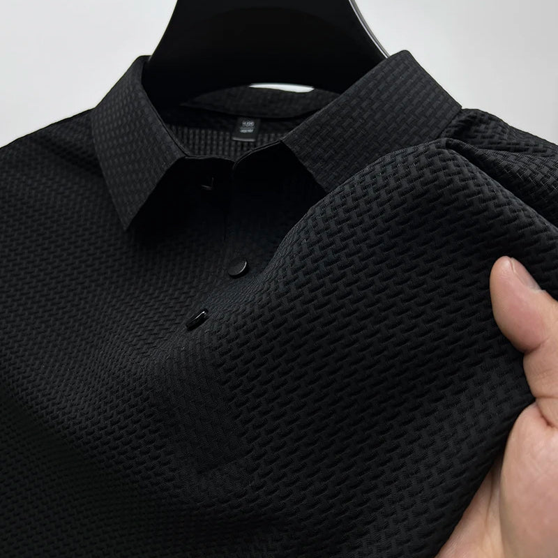 Men's Polo Shirt Short Sleeve with Textured Pattern and Button Placket