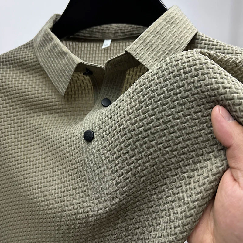 Men's Polo Shirt Short Sleeve with Textured Pattern and Button Placket