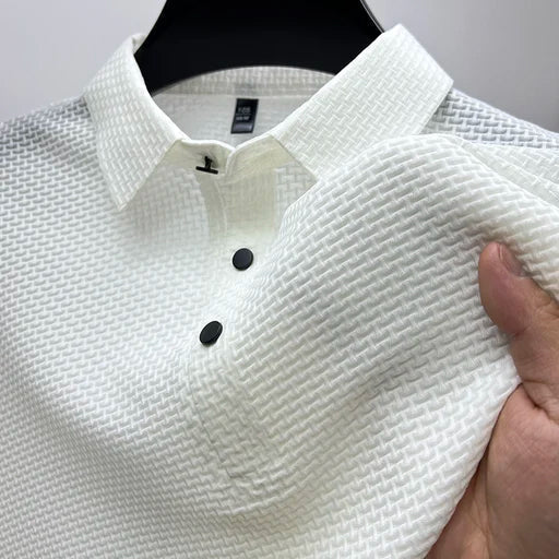 Men's Polo Shirt Short Sleeve with Textured Pattern and Button Placket