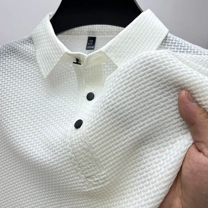 Men's Polo Shirt Short Sleeve with Textured Pattern and Button Placket