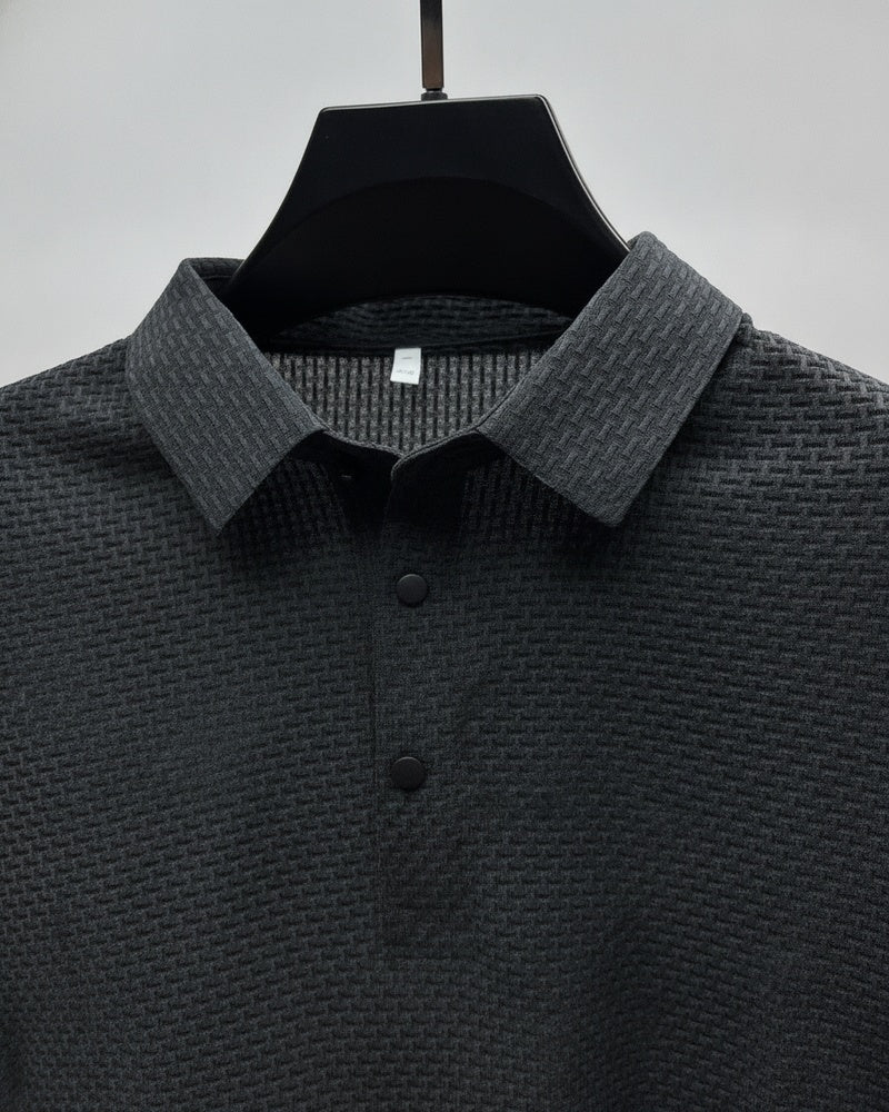 Men's Polo Shirt Short Sleeve with Textured Weave Pattern and Button Collar