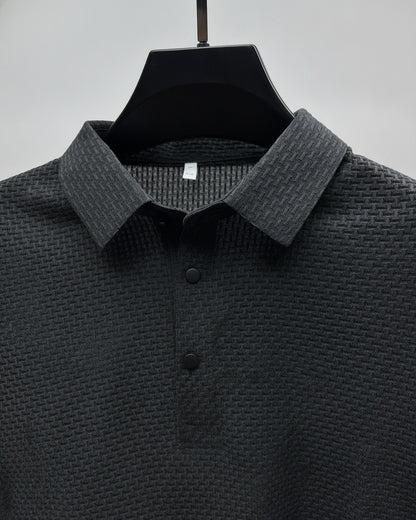 Men's Polo Shirt Short Sleeve with Textured Weave Pattern and Button Collar