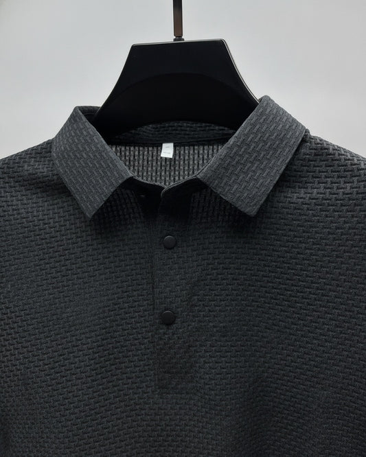 Men's Polo Shirt Short Sleeve with Textured Weave Pattern and Button Collar