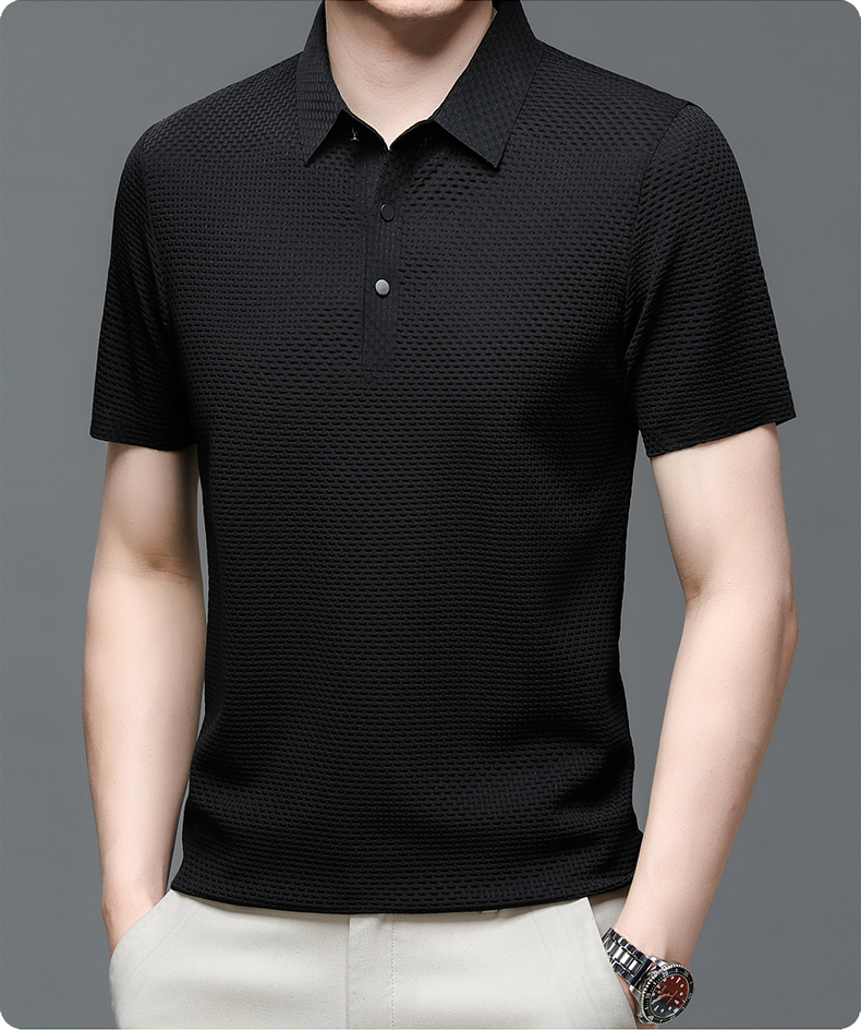 Men's Polo Shirt Short Sleeve with Textured Weave Pattern and Button Collar