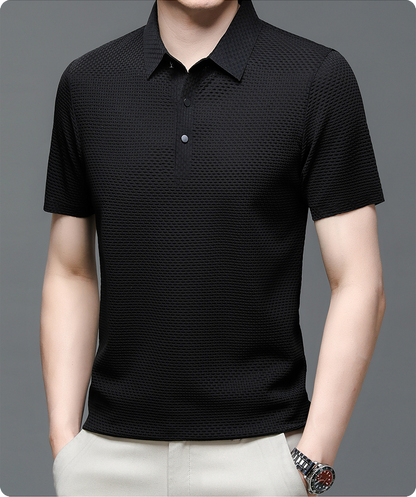 Men's Polo Shirt Short Sleeve with Textured Weave Pattern and Button Collar