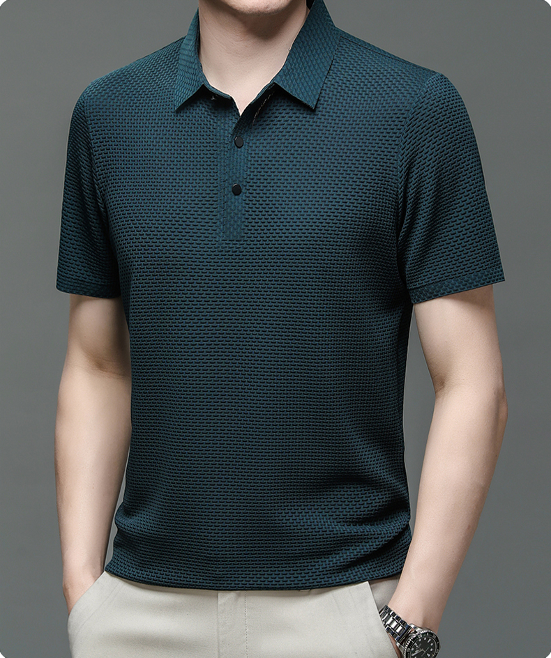 Men's Polo Shirt Short Sleeve with Textured Weave Pattern and Button Collar