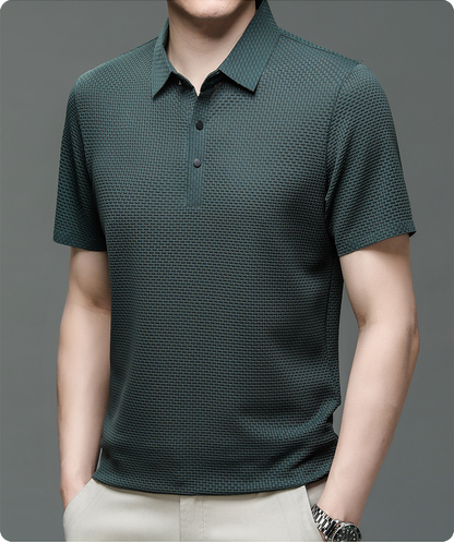 Men's Polo Shirt Short Sleeve with Textured Weave Pattern and Button Collar
