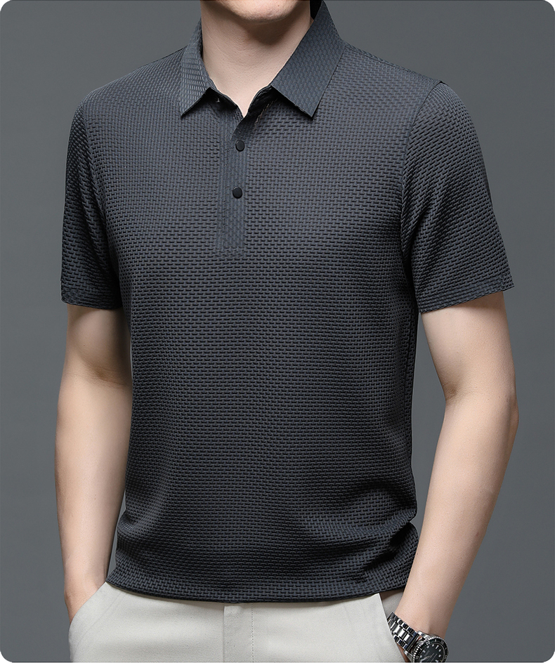 Men's Polo Shirt Short Sleeve with Textured Weave Pattern and Button Collar