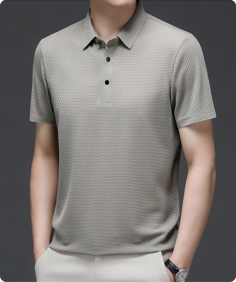 Men's Polo Shirt Short Sleeve with Textured Weave Pattern and Button Collar