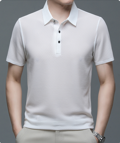 Men's Polo Shirt Short Sleeve with Textured Weave Pattern and Button Collar