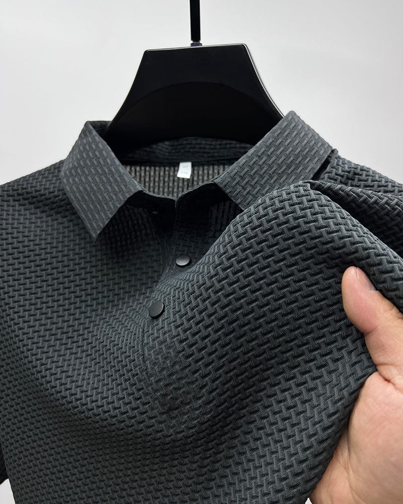 Men's Polo Shirt Short Sleeve with Textured Weave Pattern and Button Collar