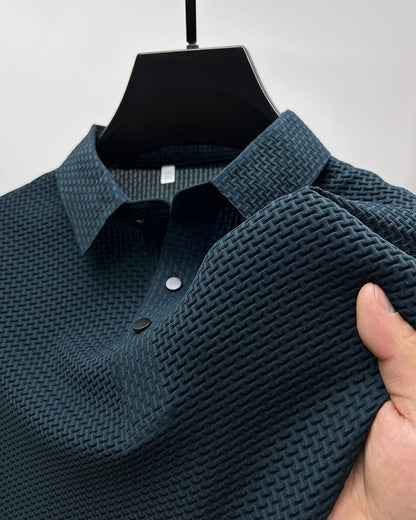 Men's Polo Shirt Short Sleeve with Textured Weave Pattern and Button Collar