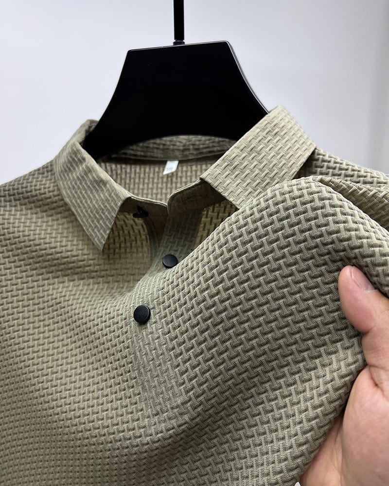 Men's Polo Shirt Short Sleeve with Textured Weave Pattern and Button Collar