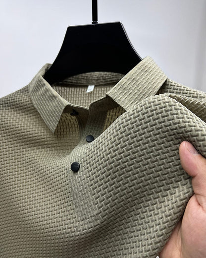 Men's Polo Shirt Short Sleeve with Textured Weave Pattern and Button Collar