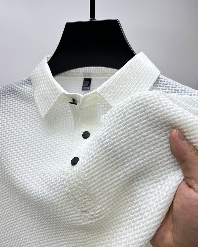 Men's Polo Shirt Short Sleeve with Textured Weave Pattern and Button Collar