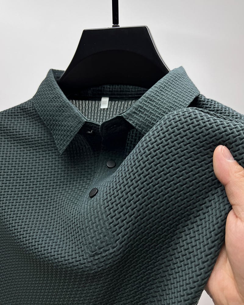 Men's Polo Shirt Short Sleeve with Textured Weave Pattern and Button Collar