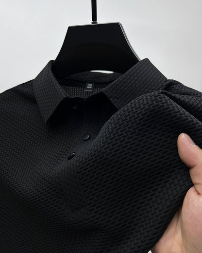 Men's Polo Shirt Short Sleeve with Textured Weave Pattern and Button Collar