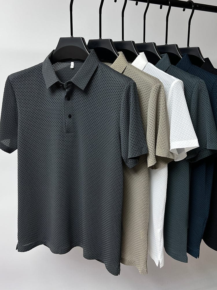 Men's Polo Shirt Short Sleeve with Textured Weave Pattern and Button Collar