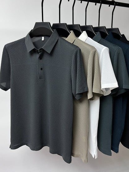 Men's Polo Shirt Short Sleeve with Textured Weave Pattern and Button Collar