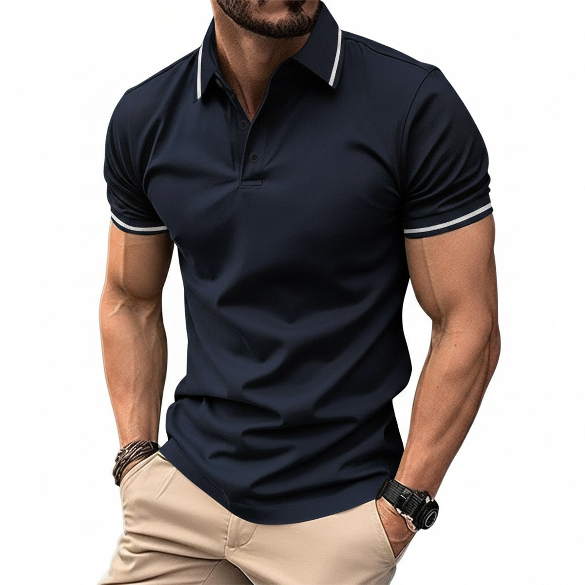 Men's Polo Shirt with Short Sleeves and Contrast Stripe Collar