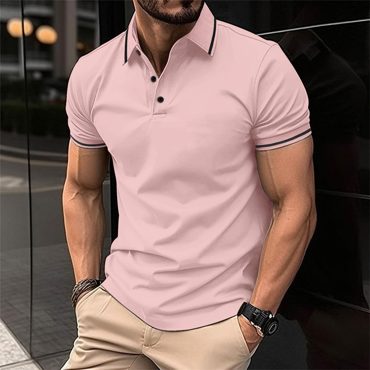 Men's Polo Shirt with Short Sleeves and Contrast Stripe Collar