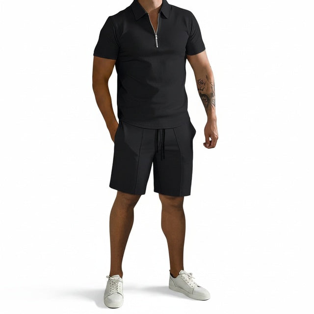 Men's Polo Short Set with Zip Collar and Shorts