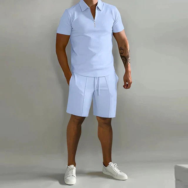 Men's Polo Short Set with Zip Collar and Shorts