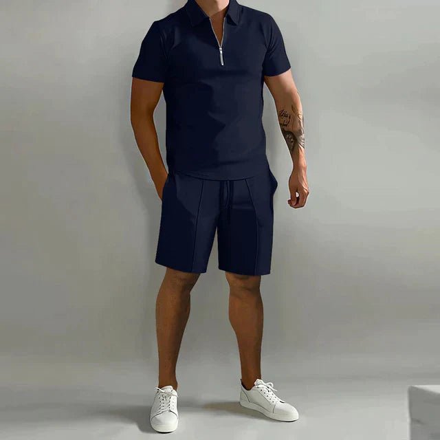 Men's Polo Short Set with Zip Collar and Shorts