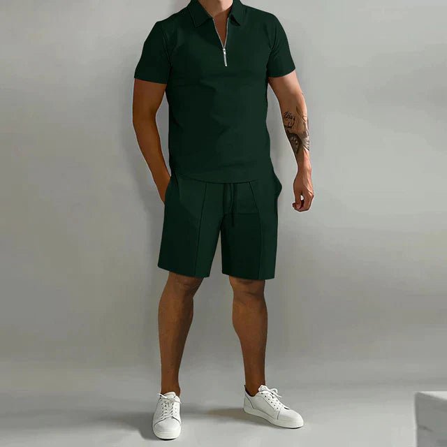 Men's Polo Short Set with Zip Collar and Shorts