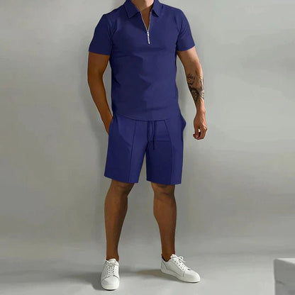 Men's Polo Short Set with Zip Collar and Shorts