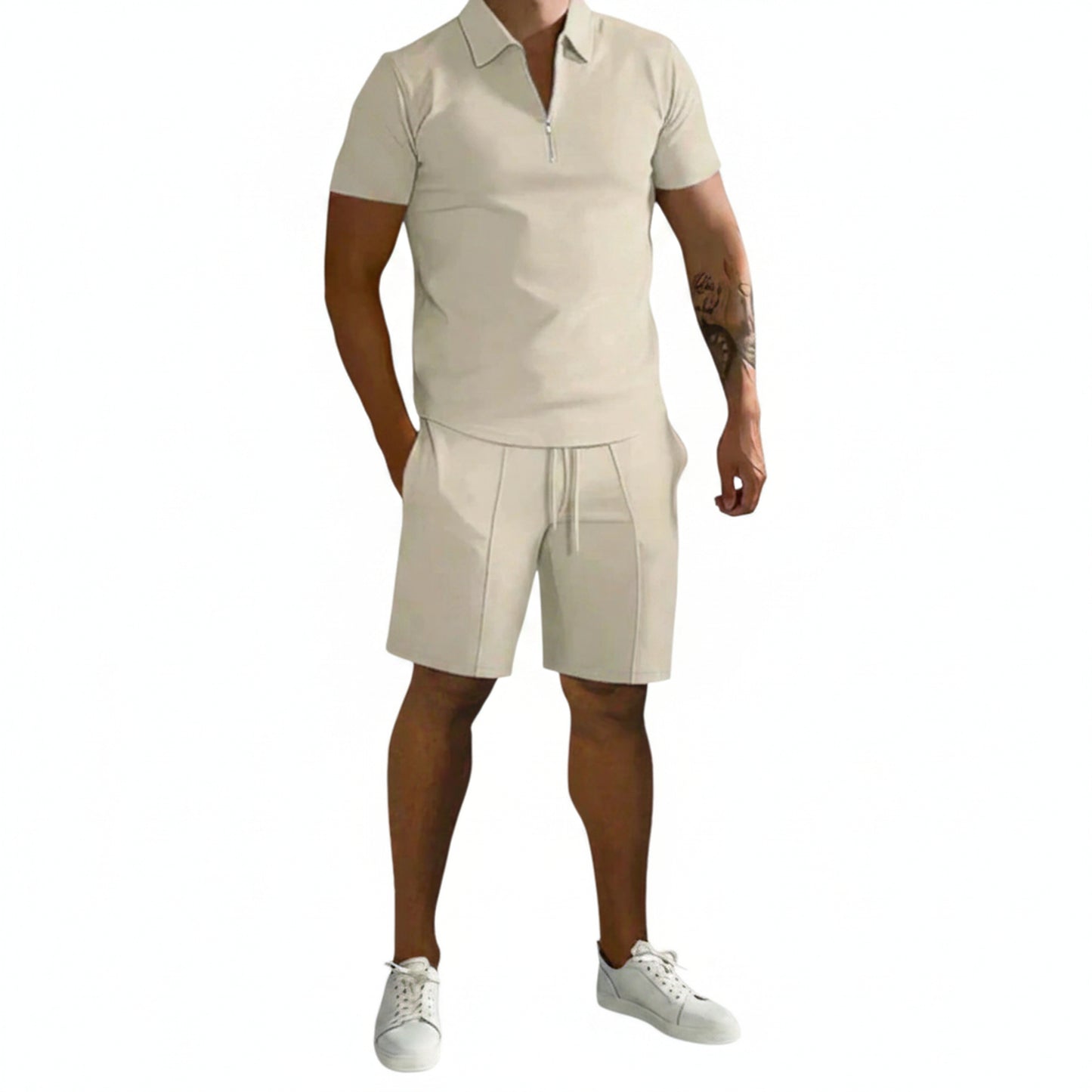 Men's Polo Short Set with Zip Collar and Slim Fit