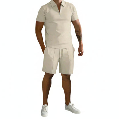 Men's Polo Short Set with Zip Collar and Slim Fit