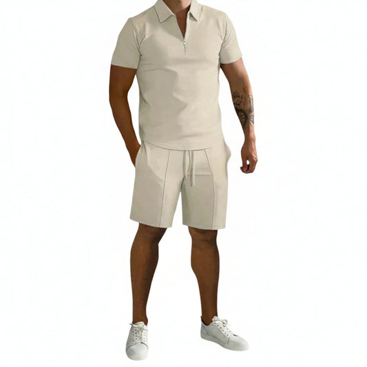 Men's Polo Short Set with Zip Collar and Slim Fit