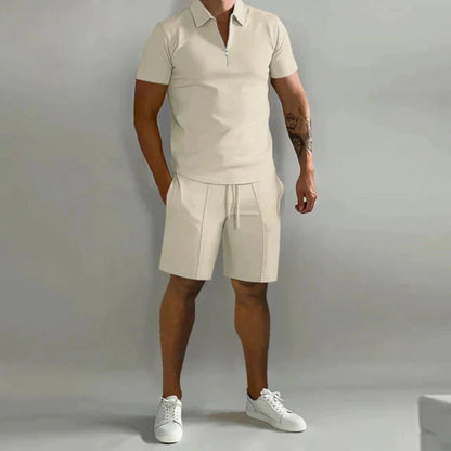 Men's Polo Short Set with Zip Collar and Slim Fit