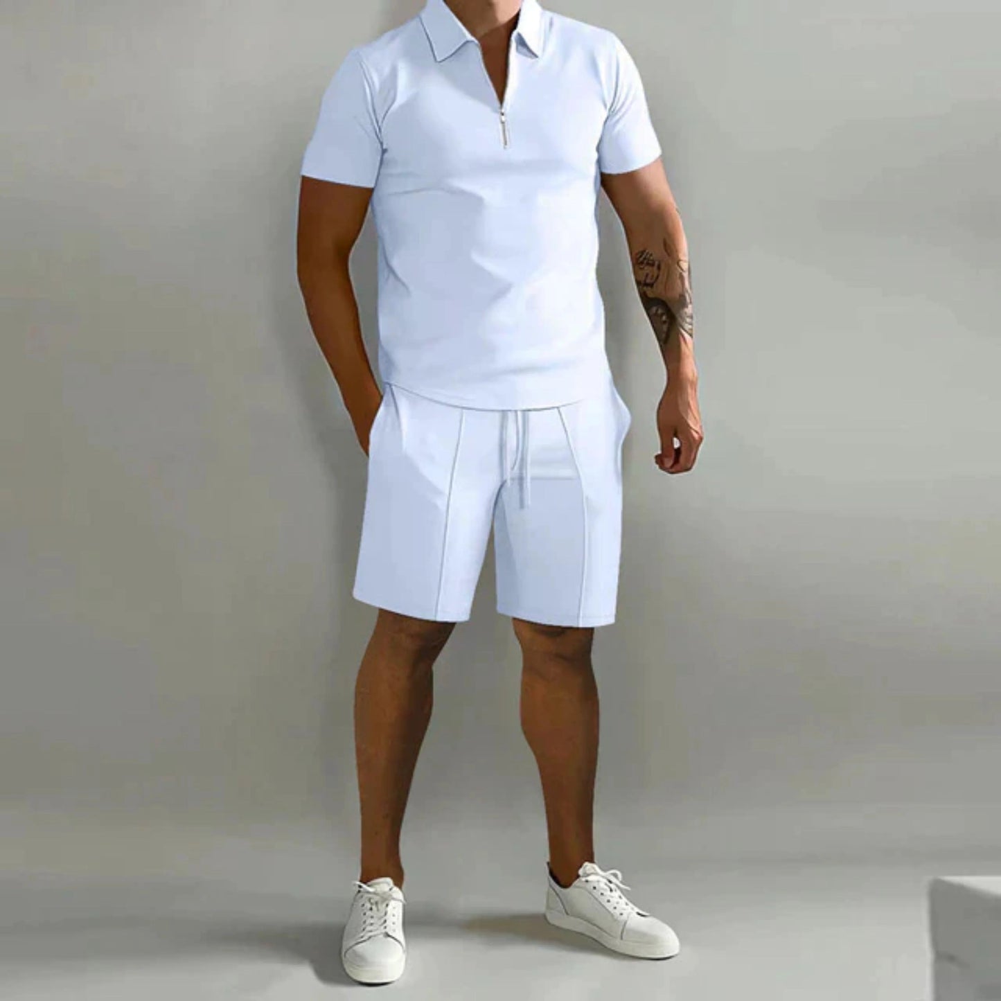 Men's Polo Short Set with Zip Collar and Slim Fit