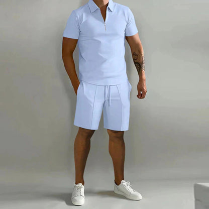 Men's Polo Short Set with Zip Collar and Slim Fit
