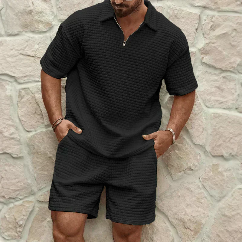 Men's Polo Short Sleeve Zip-Collar Co-Ord Set with Shorts