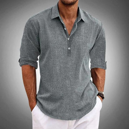 Men's Popover Shirt Long Sleeve with Collar and Loose Fit