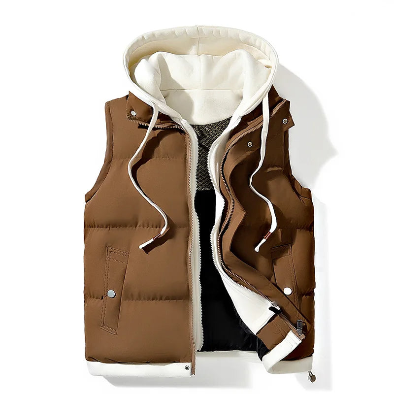 Men's Puffer Vest Sleeveless with Hood and Zip Closure