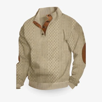 Men's Pullover Sweater with Stand Collar and Button Placket