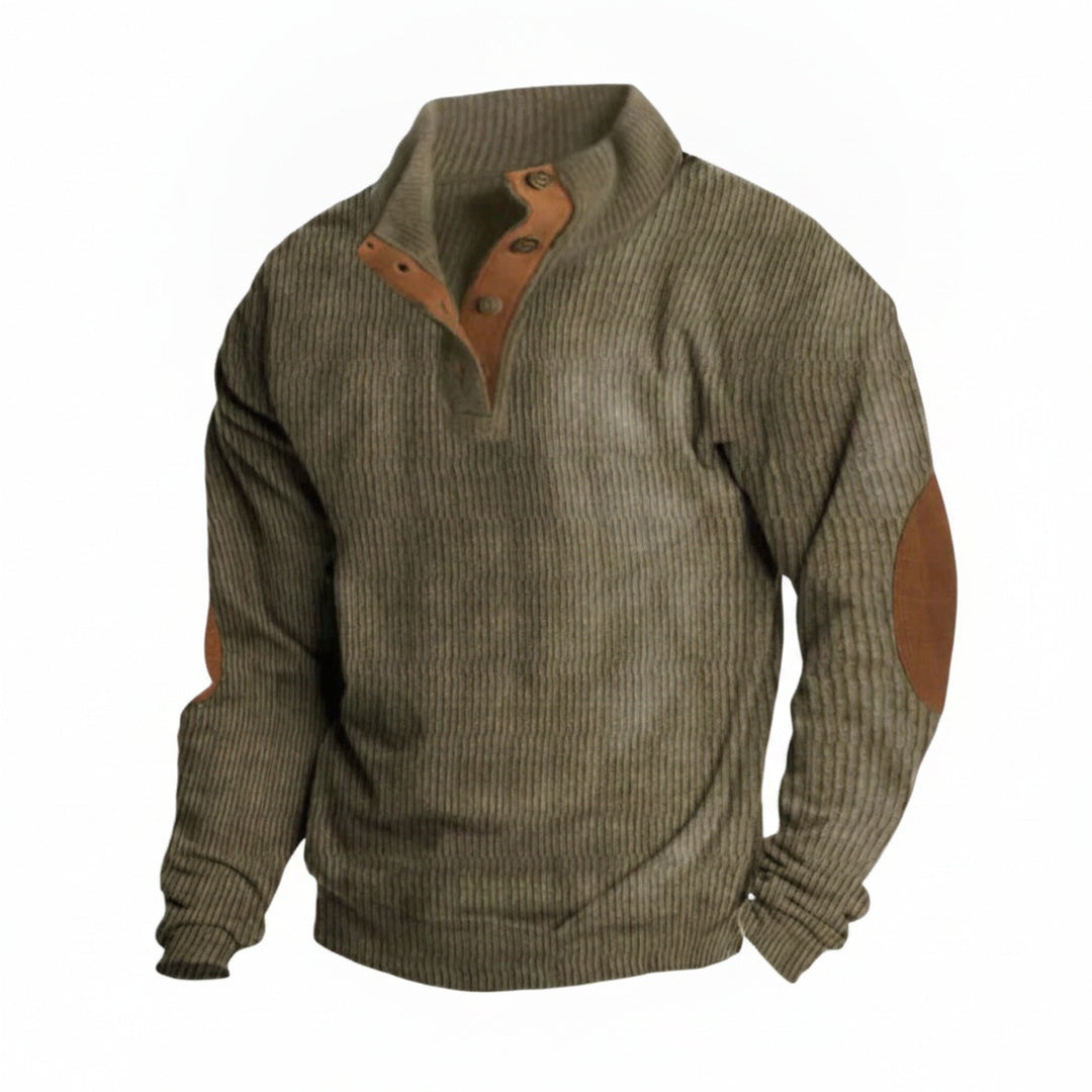 Men's Pullover Sweater with Stand Collar, Button Placket and Elbow Patches