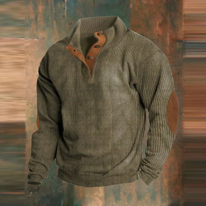 Men's Pullover Sweater with Stand Collar, Button Placket and Elbow Patches