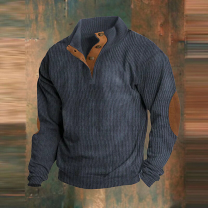 Men's Pullover Sweater with Stand Collar, Button Placket and Elbow Patches