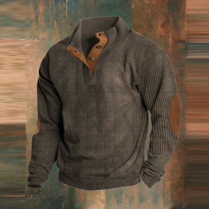 Men's Pullover Sweater with Stand Collar, Button Placket and Elbow Patches